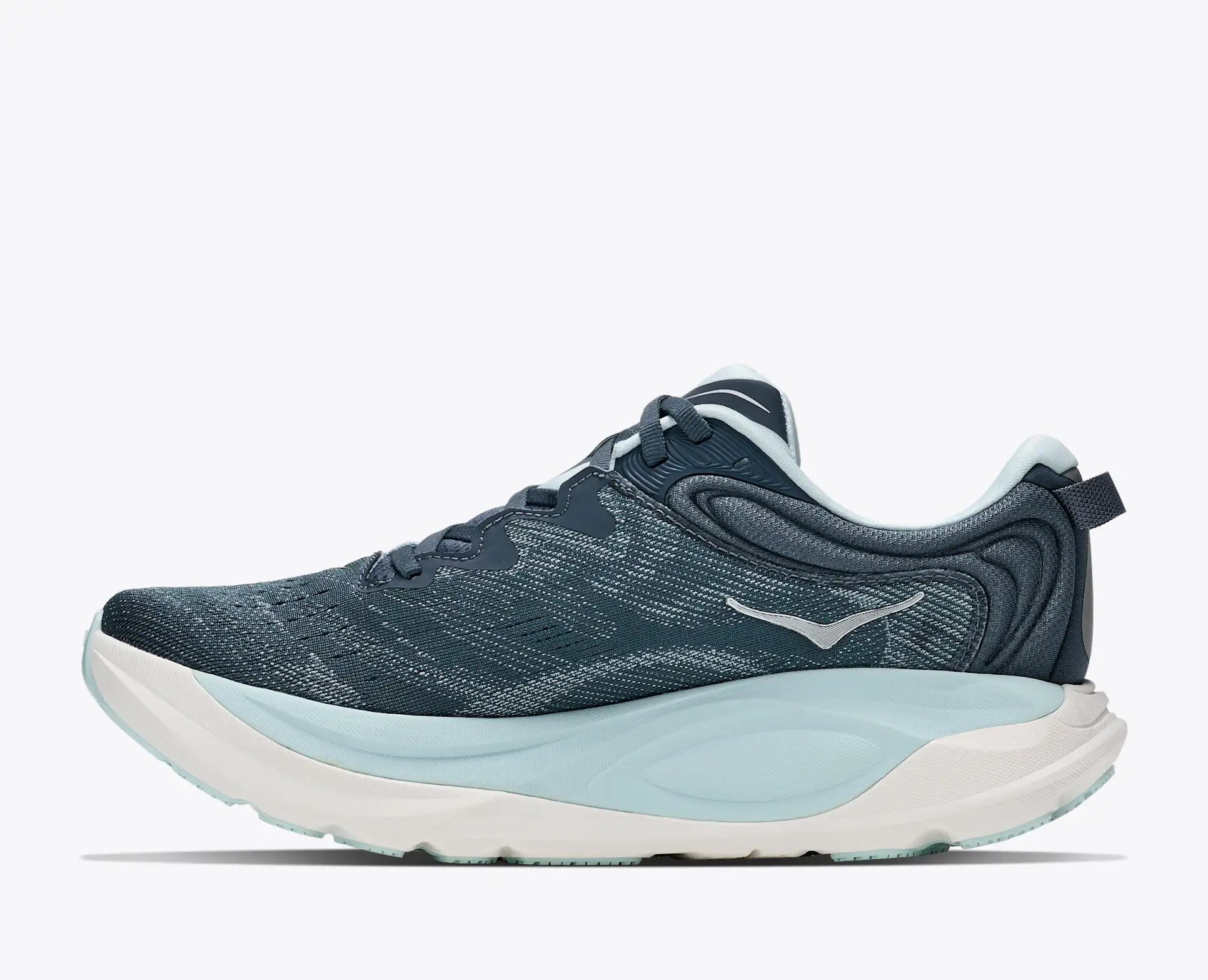 hoka gaviota 6 for women, cushioned stability shoe for road running and walking, navy colour with light blue details, side profile of shoe on a white background