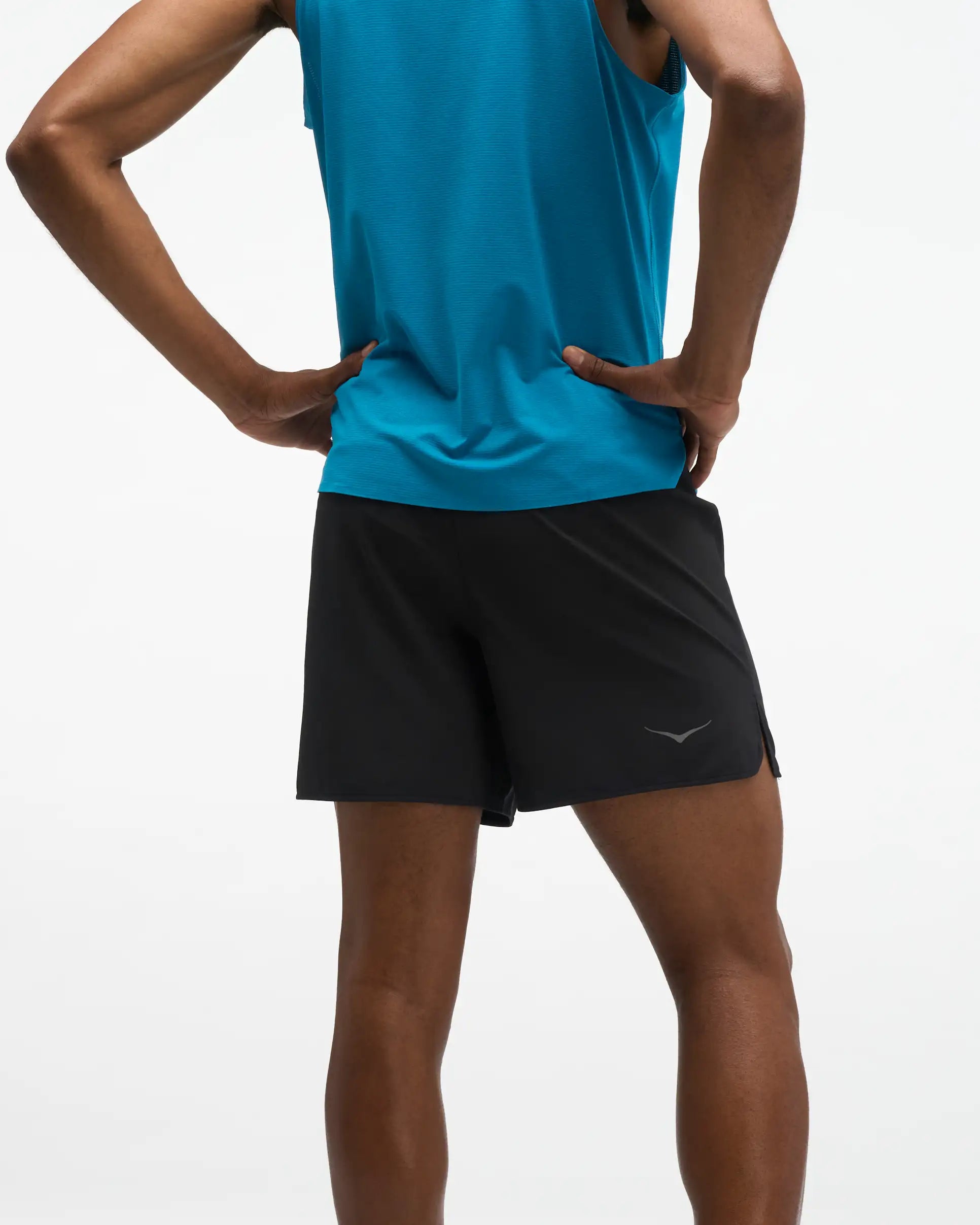 hoka glide 5 short with brief, lightweight shorts with under wear lining, black shorts, back of man wearing black shorts