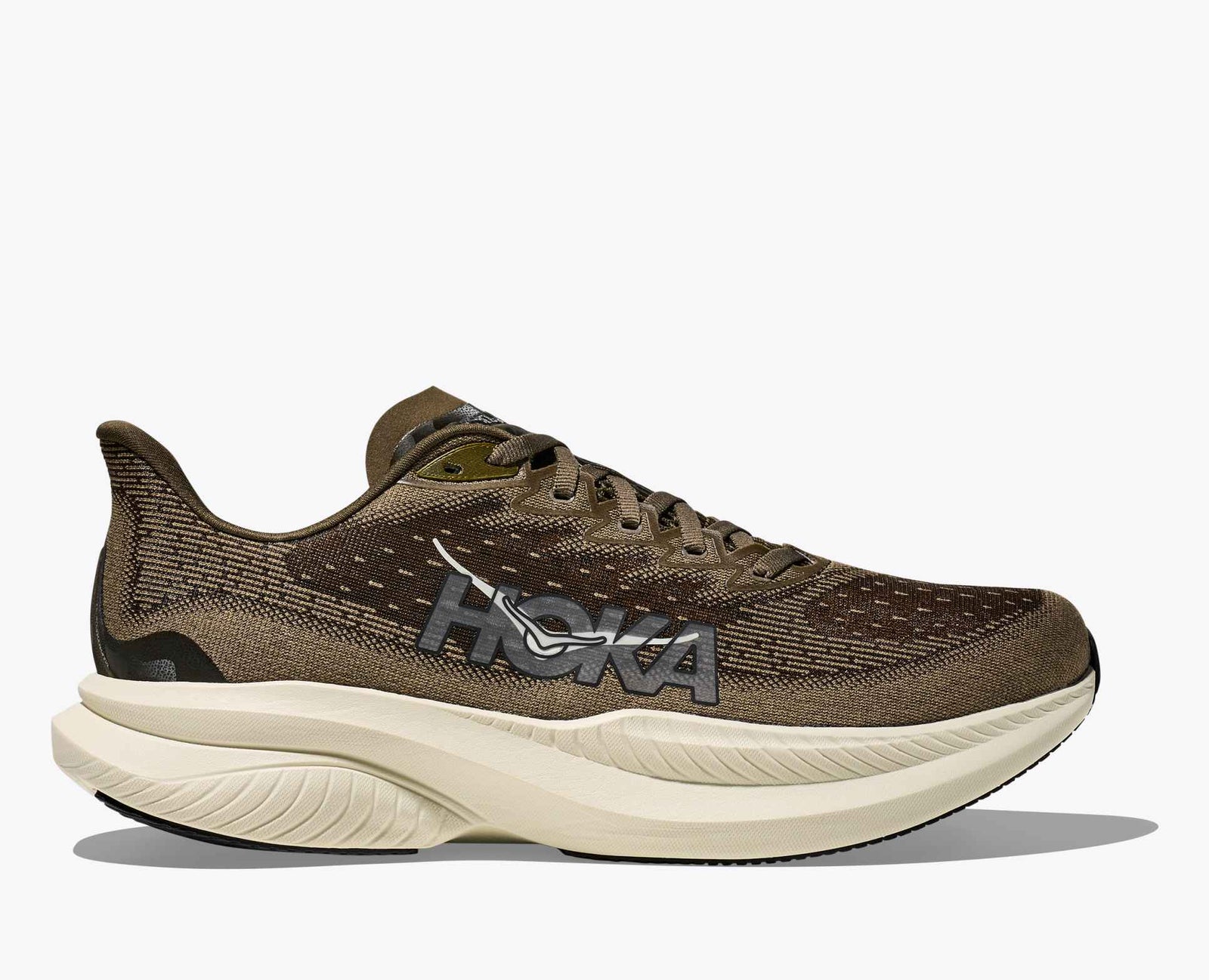 Hoka mach 6 running shoe, antique truffle colour