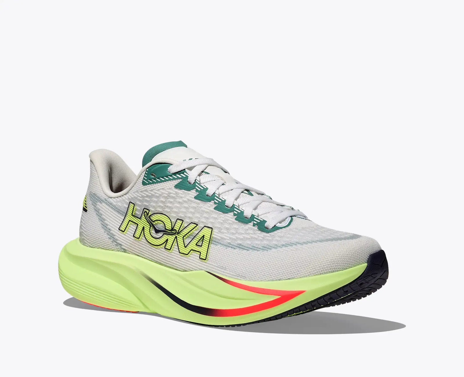hoka mach 7 road running shoe for men, light and fast runner for every day running, grey with lime yellow details, side profile of shoe on a white background