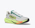 hoka mach 7 road running shoe for men, light and fast runner for every day running, grey with lime yellow details, side profile of shoe on a white background