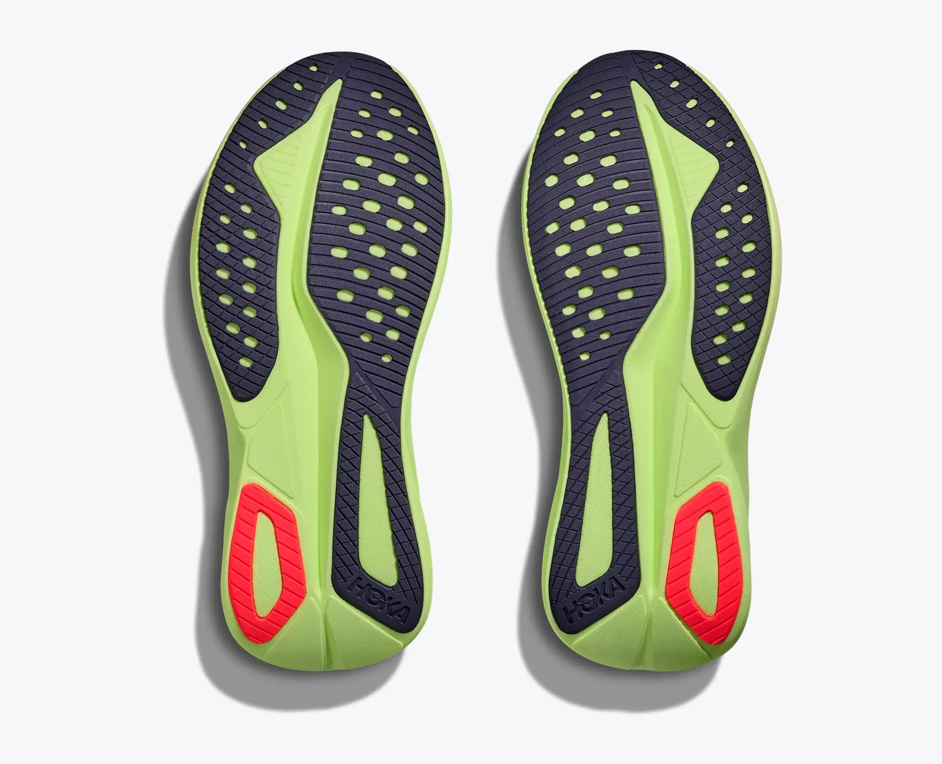 hoka mach 7 road running shoe for men, light and fast runner for every day running, grey with lime yellow details, profile of bottom of both shoes on a white background