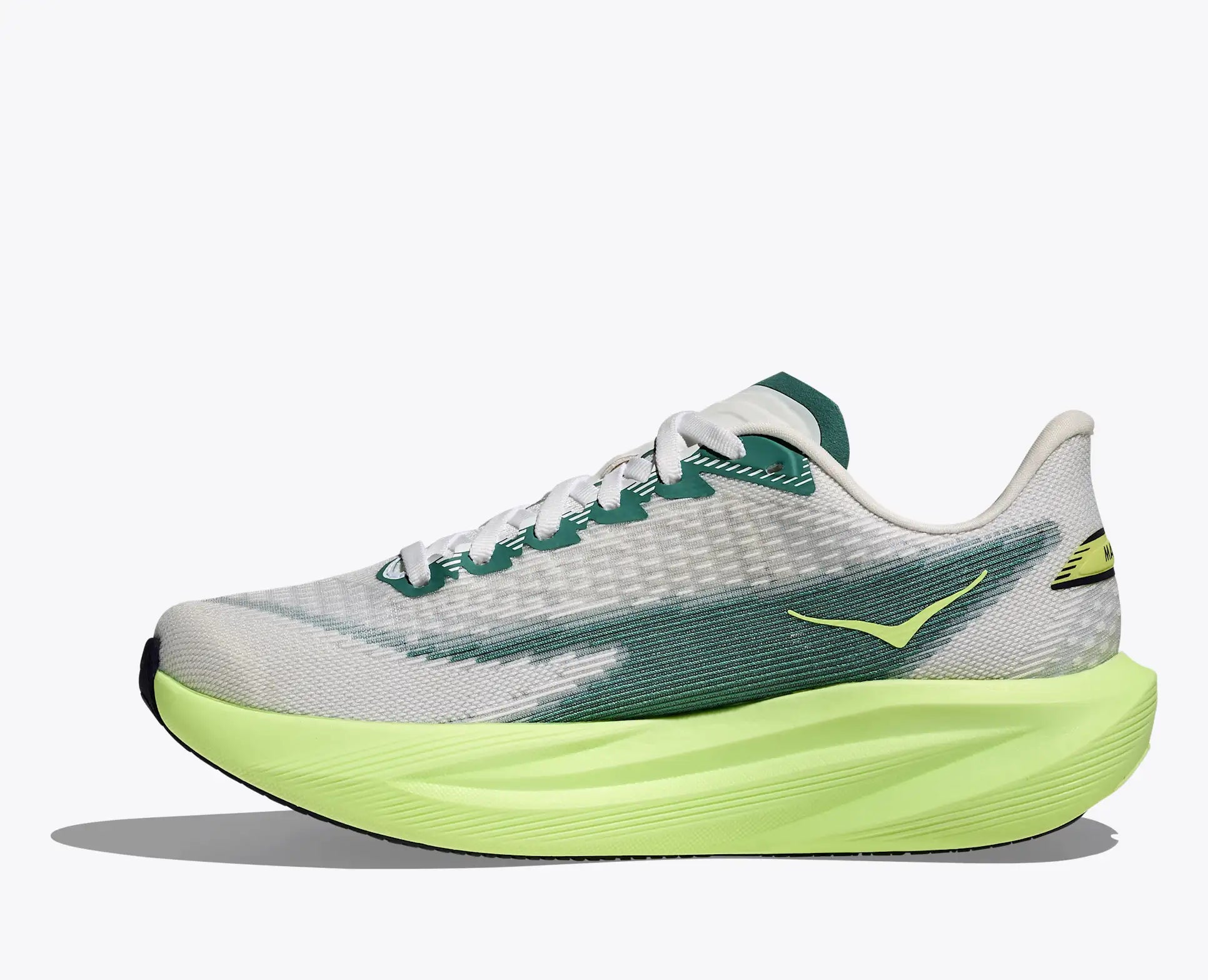 hoka mach 7 road running shoe for men, light and fast runner for every day running, grey with lime yellow details, side profile of shoe on a white background