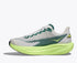 hoka mach 7 road running shoe for men, light and fast runner for every day running, grey with lime yellow details, side profile of shoe on a white background