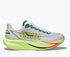 hoka mach 7 road running shoe for men, light and fast runner for every day running, grey with lime yellow details, profile of shoe on a white background