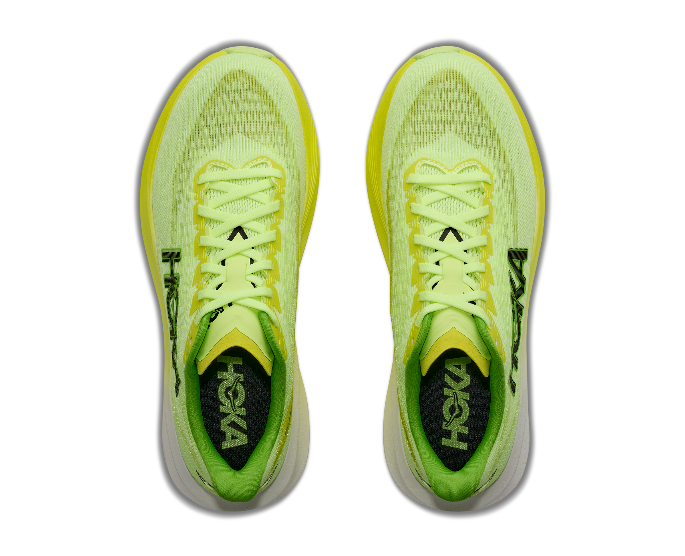 hoka mach 7 mens, lightweight fast road running shoe, neon green and yellow with white and black details, top down of shoes