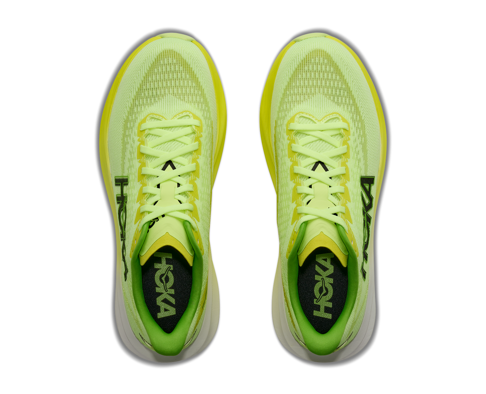 hoka mach 7 mens, lightweight fast road running shoe, neon green and yellow with white and black details, top down of shoes