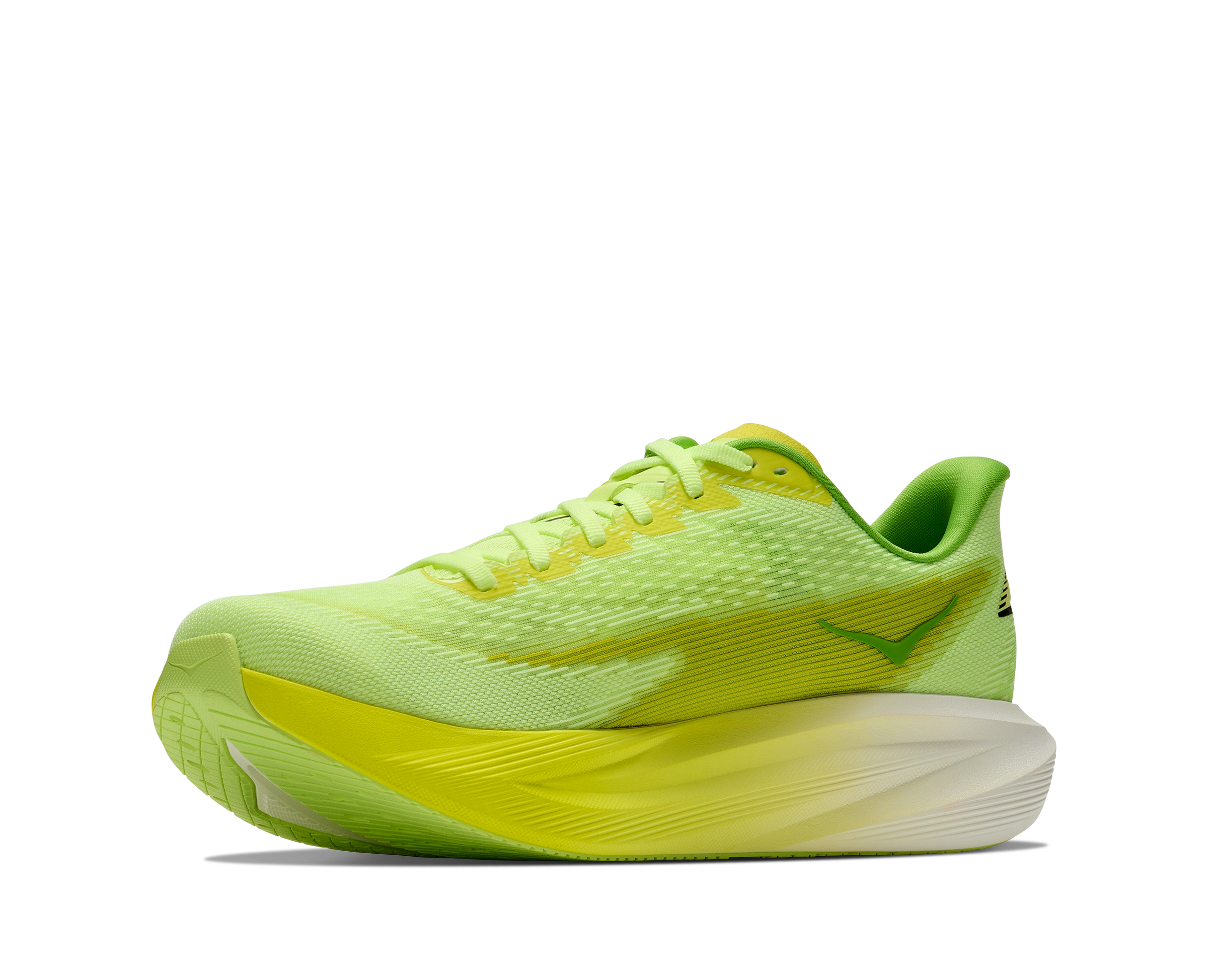 hoka mach 7 mens, lightweight fast road running shoe, neon green and yellow with white and black details, inside angle profile of shoes