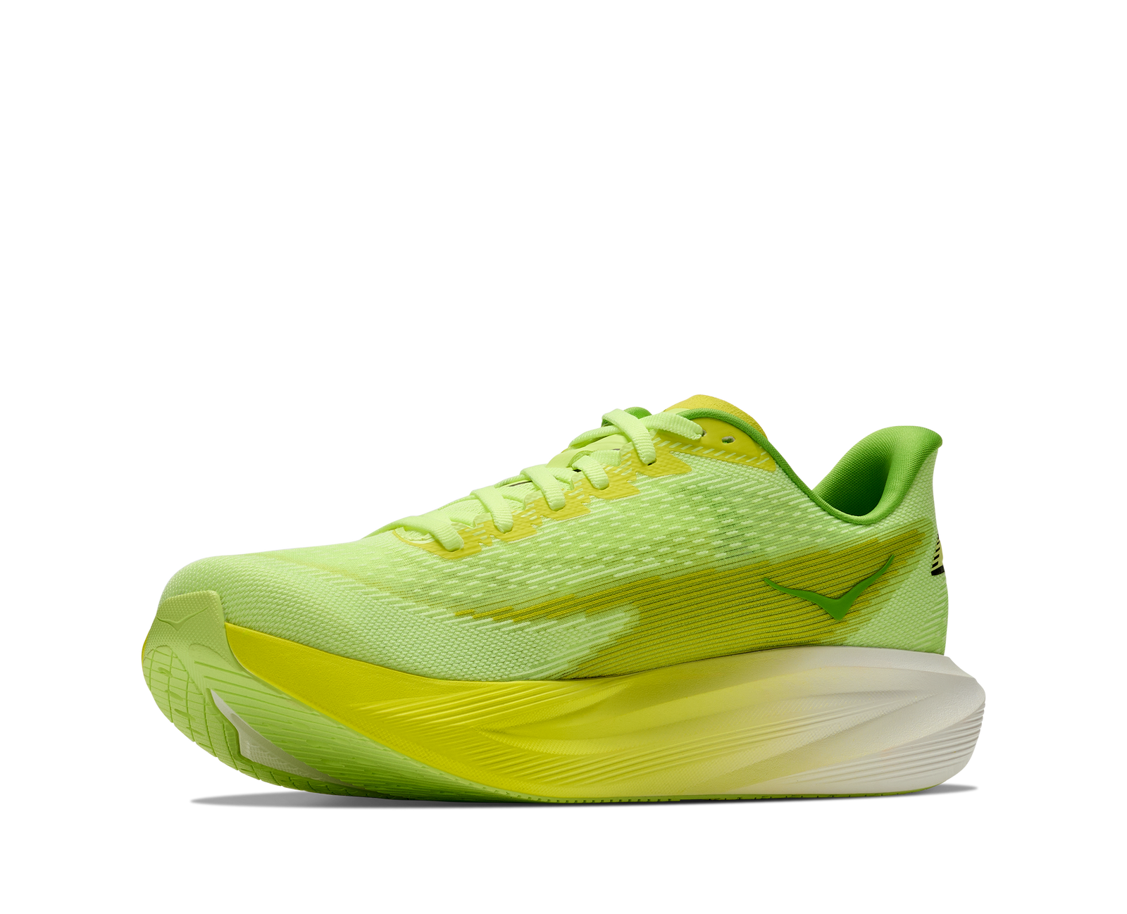 hoka mach 7 mens, lightweight fast road running shoe, neon green and yellow with white and black details, inside angle profile of shoes