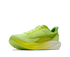 hoka mach 7 mens, lightweight fast road running shoe, neon green and yellow with white and black details, inside angle profile of shoes