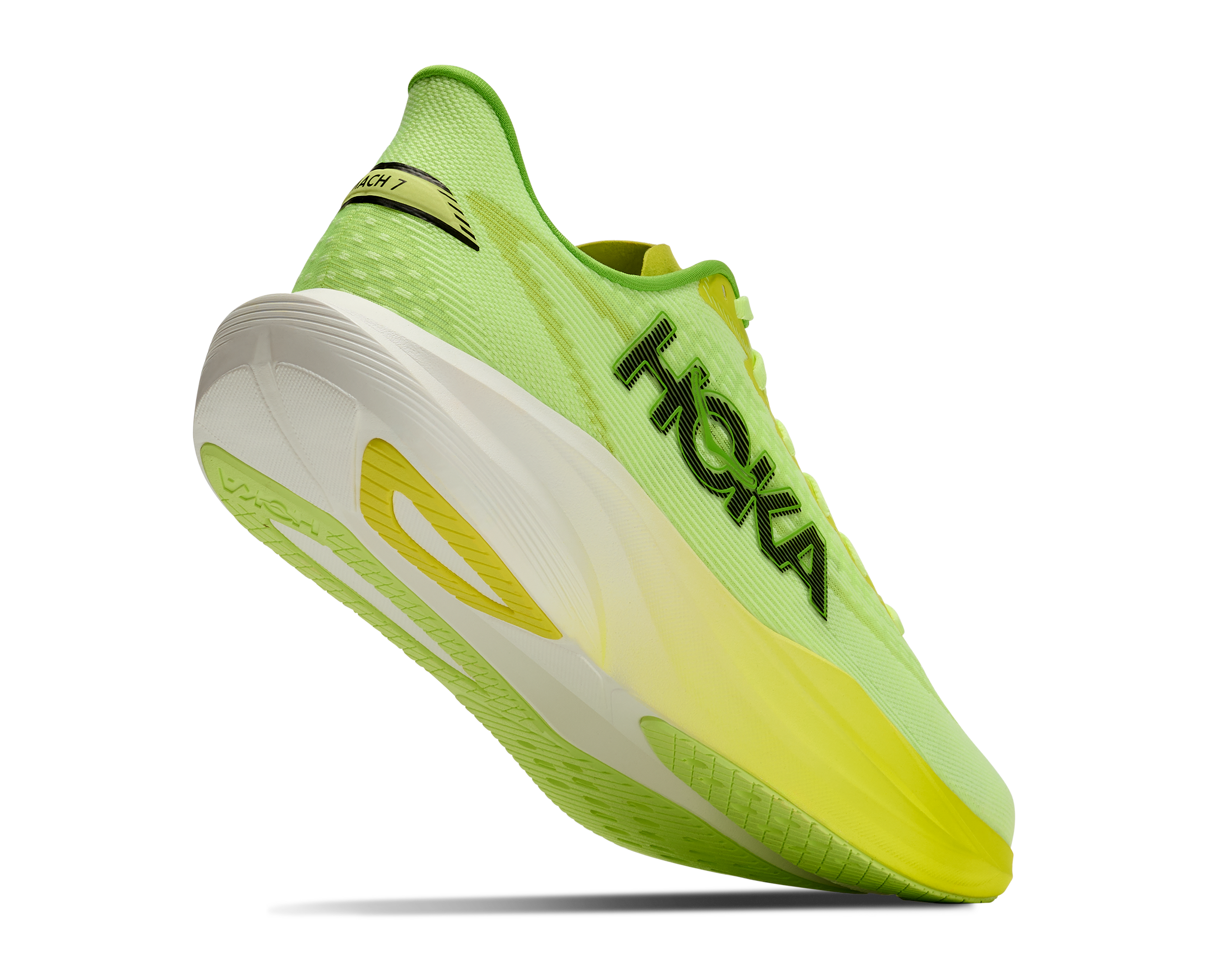 hoka mach 7 mens, lightweight fast road running shoe, neon green and yellow with white and black details, lifted heel of shoe showing sole
