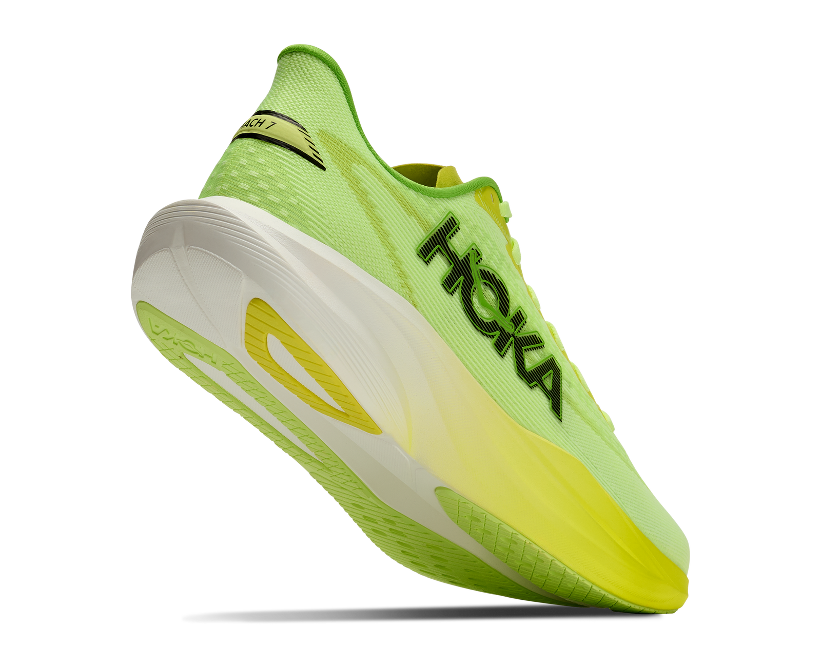 hoka mach 7 mens, lightweight fast road running shoe, neon green and yellow with white and black details, lifted heel of shoe showing sole