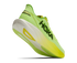 hoka mach 7 mens, lightweight fast road running shoe, neon green and yellow with white and black details, lifted heel of shoe showing sole