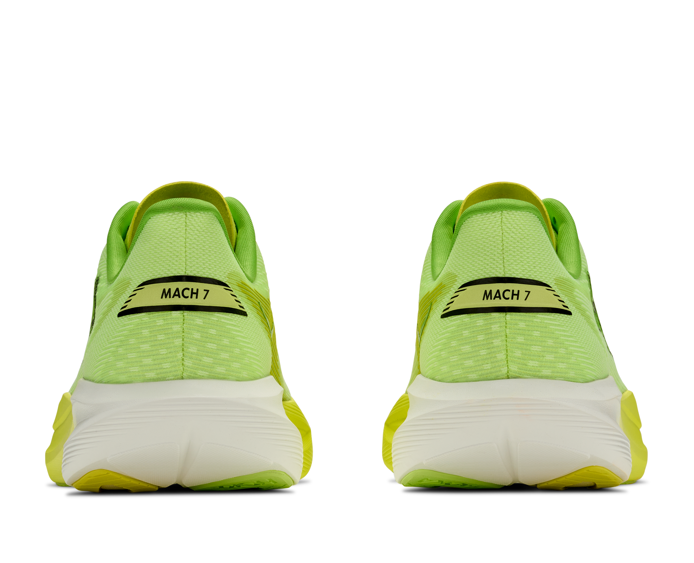 hoka mach 7 mens, lightweight fast road running shoe, neon green and yellow with white and black details, heels of shoes