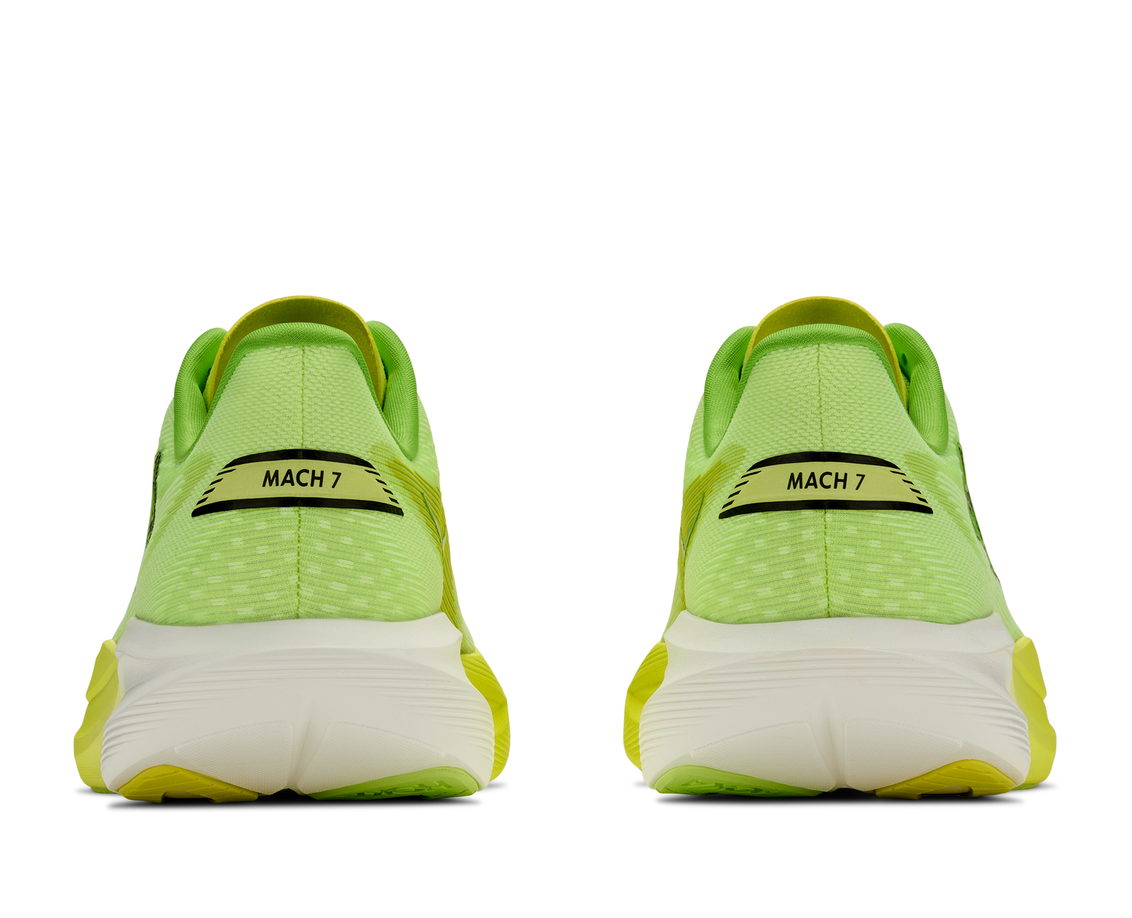 hoka mach 7 mens, lightweight fast road running shoe, neon green and yellow with white and black details, heels of shoes
