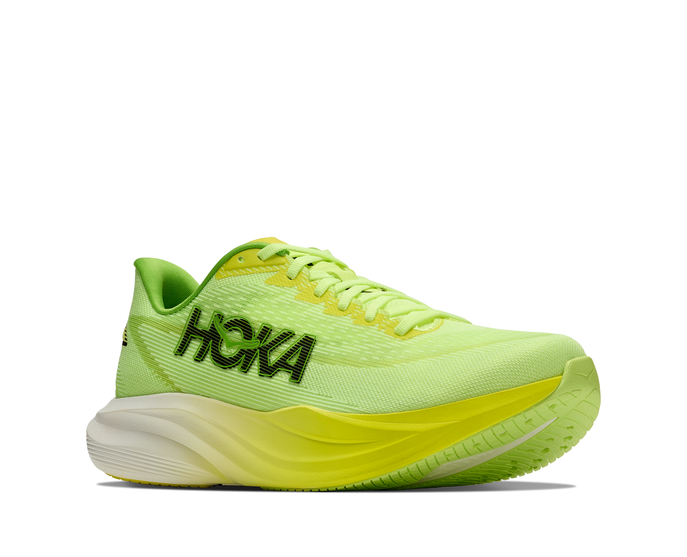 hoka mach 7 mens, lightweight fast road running shoe, neon green and yellow with white and black details, side angled profile of shoe