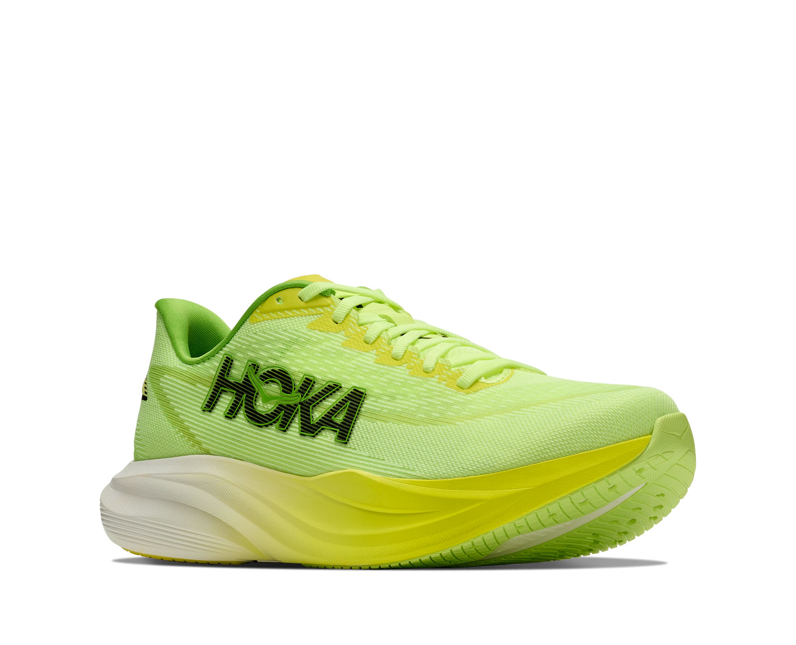hoka mach 7 mens, lightweight fast road running shoe, neon green and yellow with white and black details, side angled profile of shoe