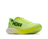 hoka mach 7 mens, lightweight fast road running shoe, neon green and yellow with white and black details, side angled profile of shoe