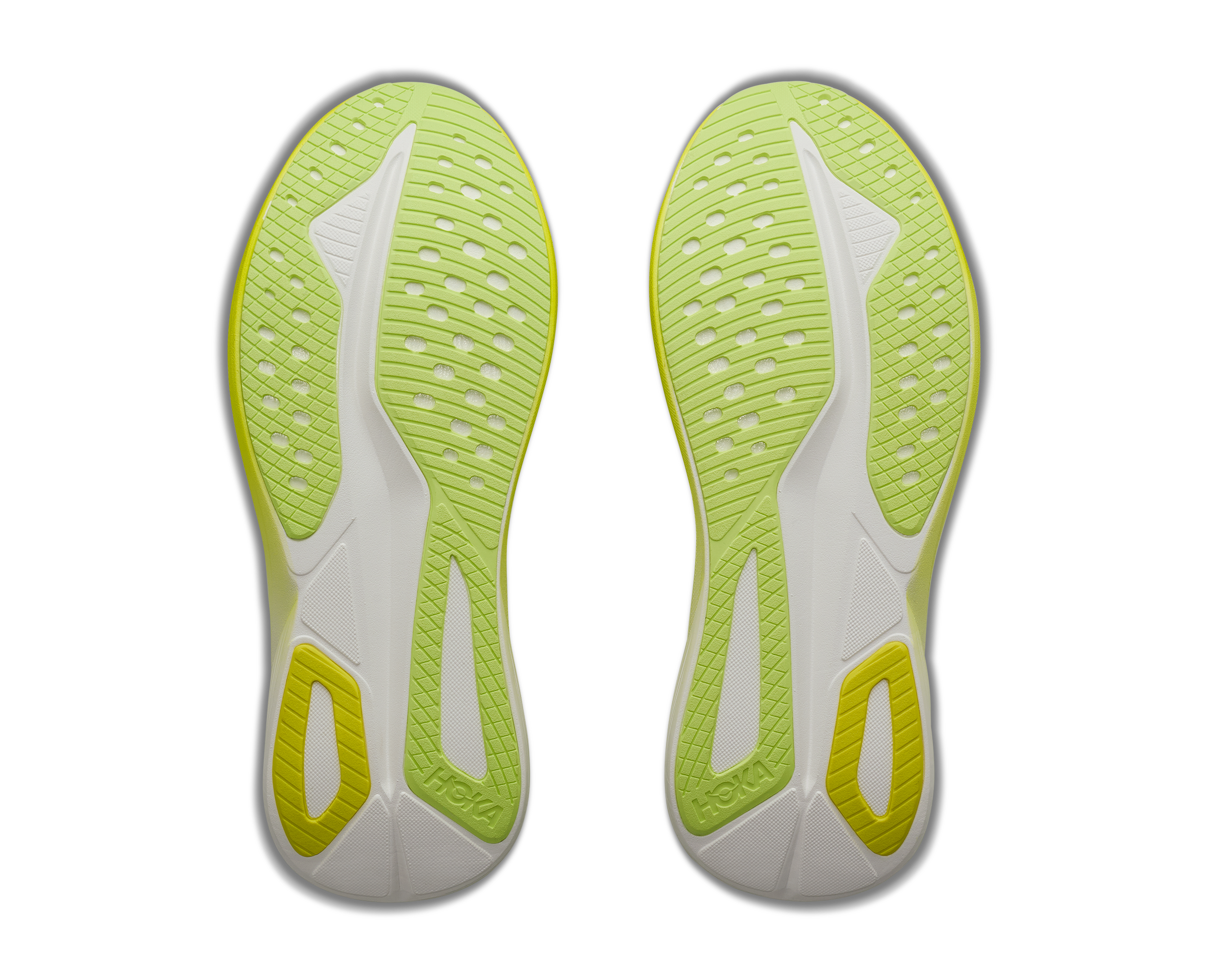 hoka mach 7 mens, lightweight fast road running shoe, neon green and yellow with white, sole of shoe