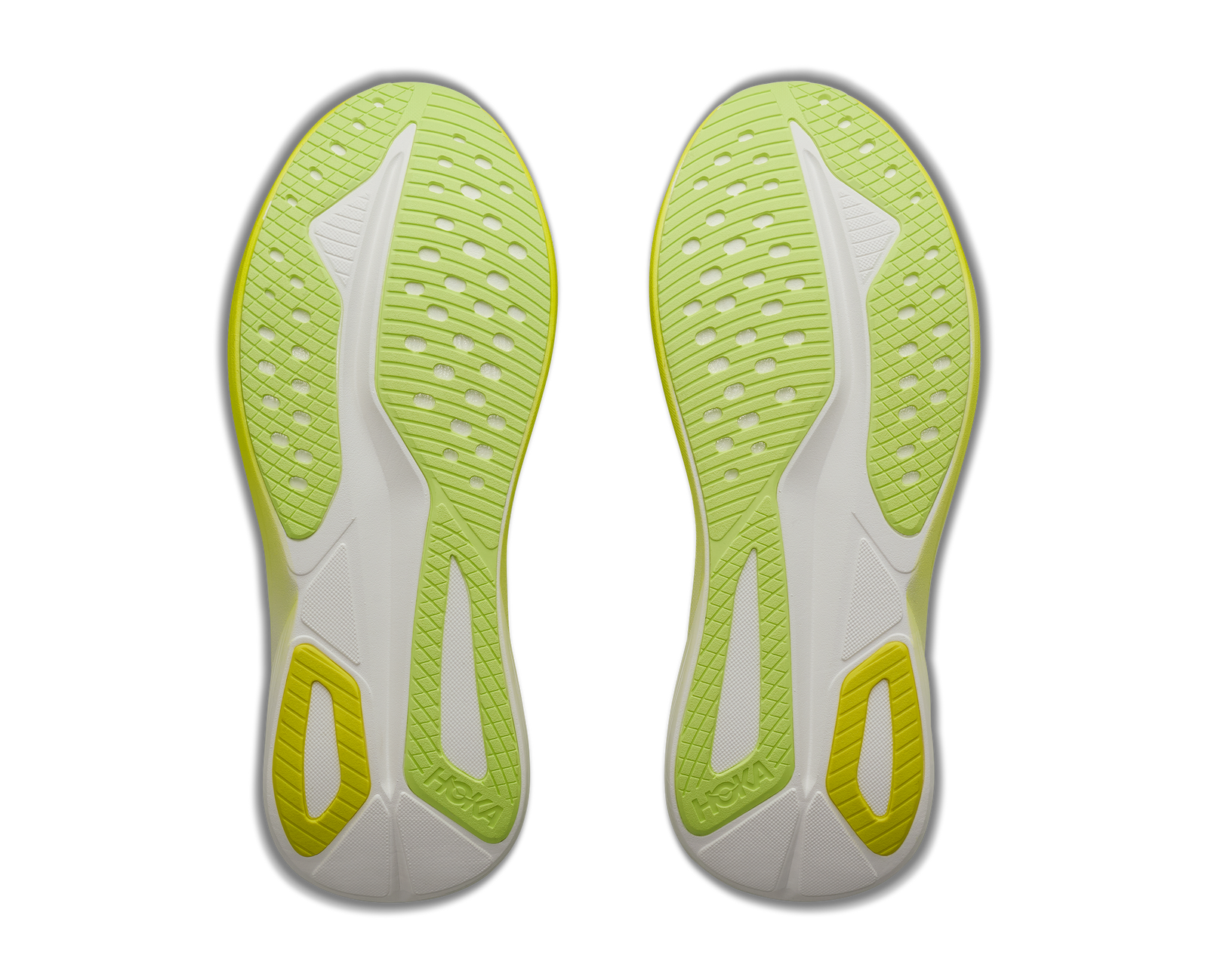 hoka mach 7 mens, lightweight fast road running shoe, neon green and yellow with white, sole of shoe
