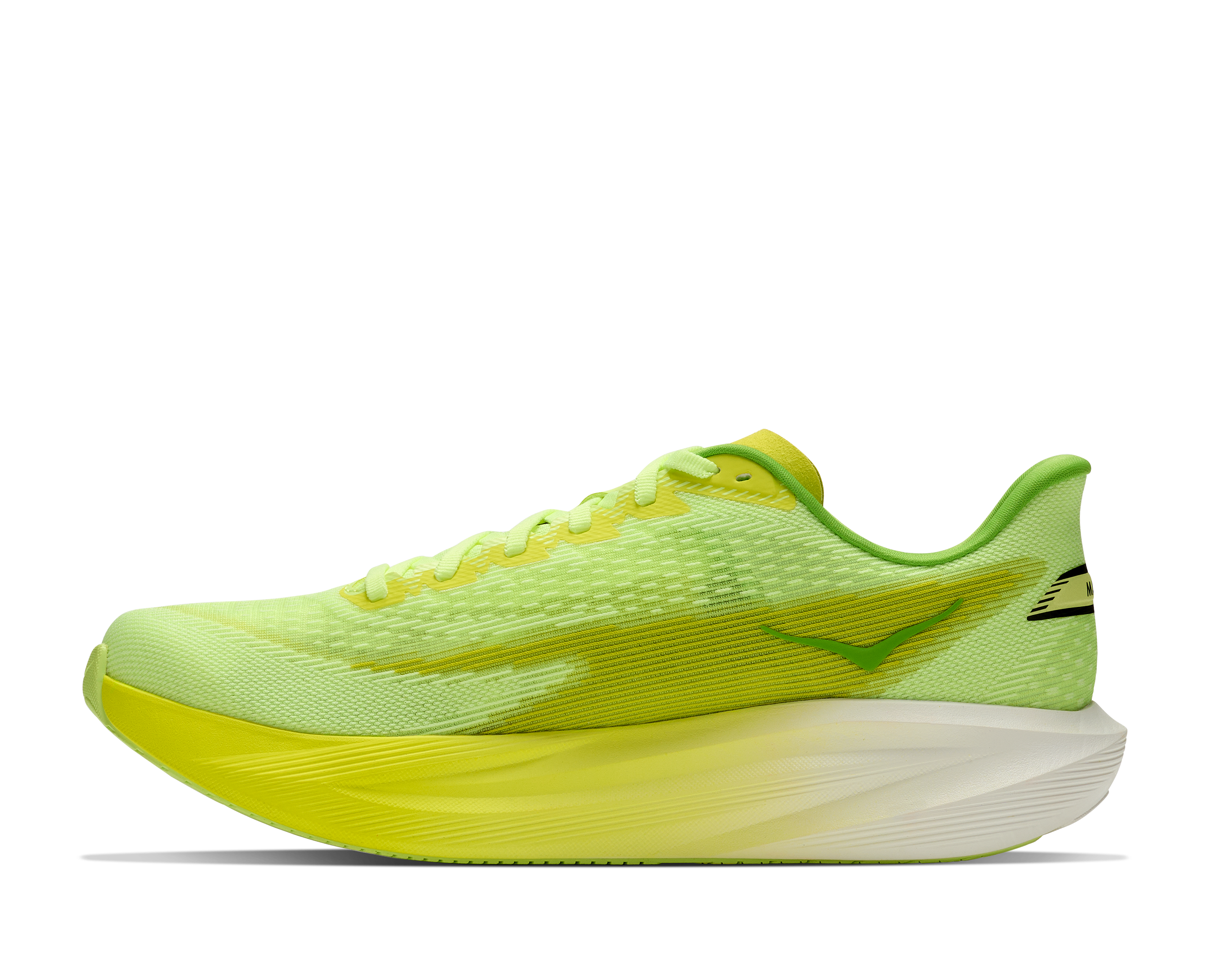 hoka mach 7 mens, lightweight fast road running shoe, neon green and yellow with white and black details, inside profile of shoe