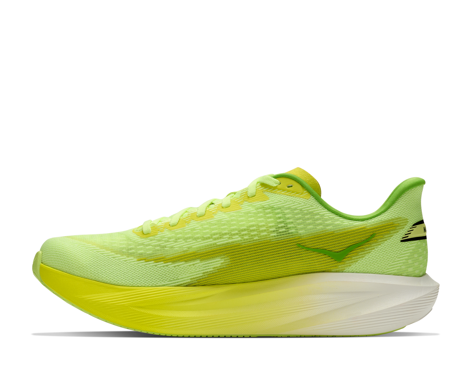 hoka mach 7 mens, lightweight fast road running shoe, neon green and yellow with white and black details, inside profile of shoe