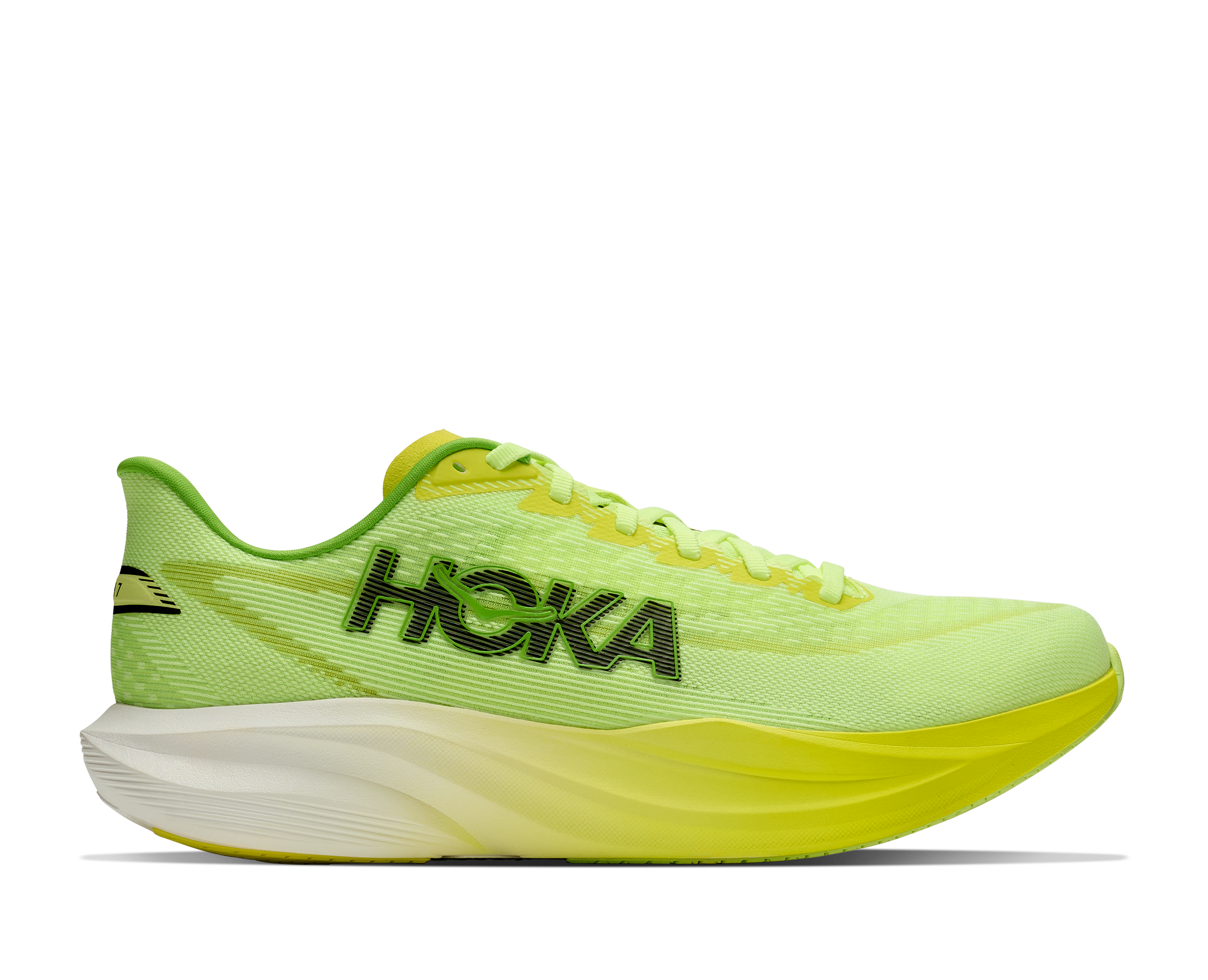 hoka mach 7 mens, lightweight fast road running shoe, neon green and yellow with white and black details, side profile of shoe