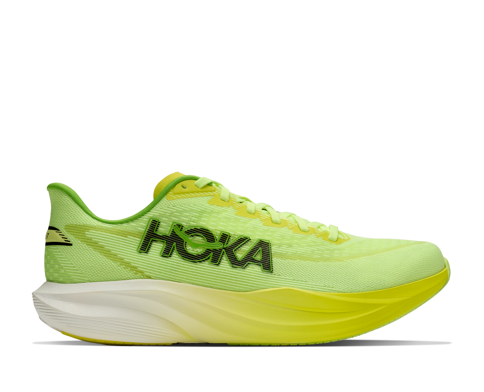 hoka mach 7 mens, lightweight fast road running shoe, neon green and yellow with white and black details, side profile of shoe
