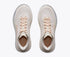 hoka mach 7, fast lightweight everyday running shoe with cushioning, light beige and white with peach laces and logo and rainbow detail, top view of shoes