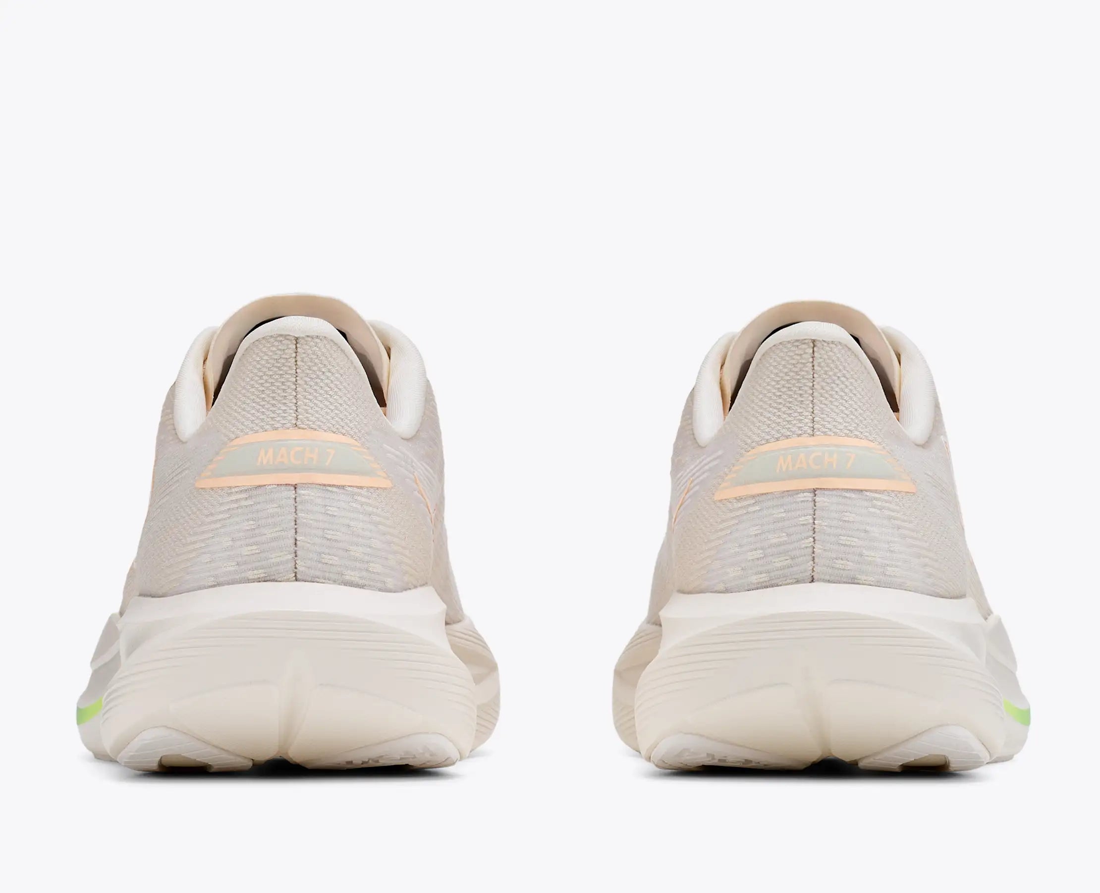 hoka mach 7, fast lightweight everyday running shoe with cushioning, light beige and white with peach laces and logo and rainbow detail, heels of shoes