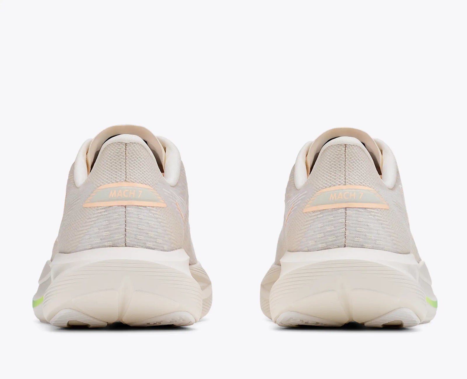 hoka mach 7, fast lightweight everyday running shoe with cushioning, light beige and white with peach laces and logo and rainbow detail, heels of shoes