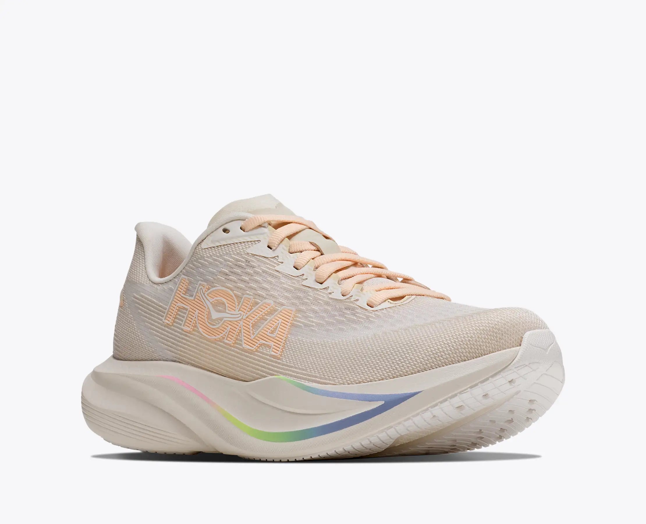 hoka mach 7, fast lightweight everyday running shoe with cushioning, light beige and white with peach laces and logo and rainbow detail, side angled profile of shoe