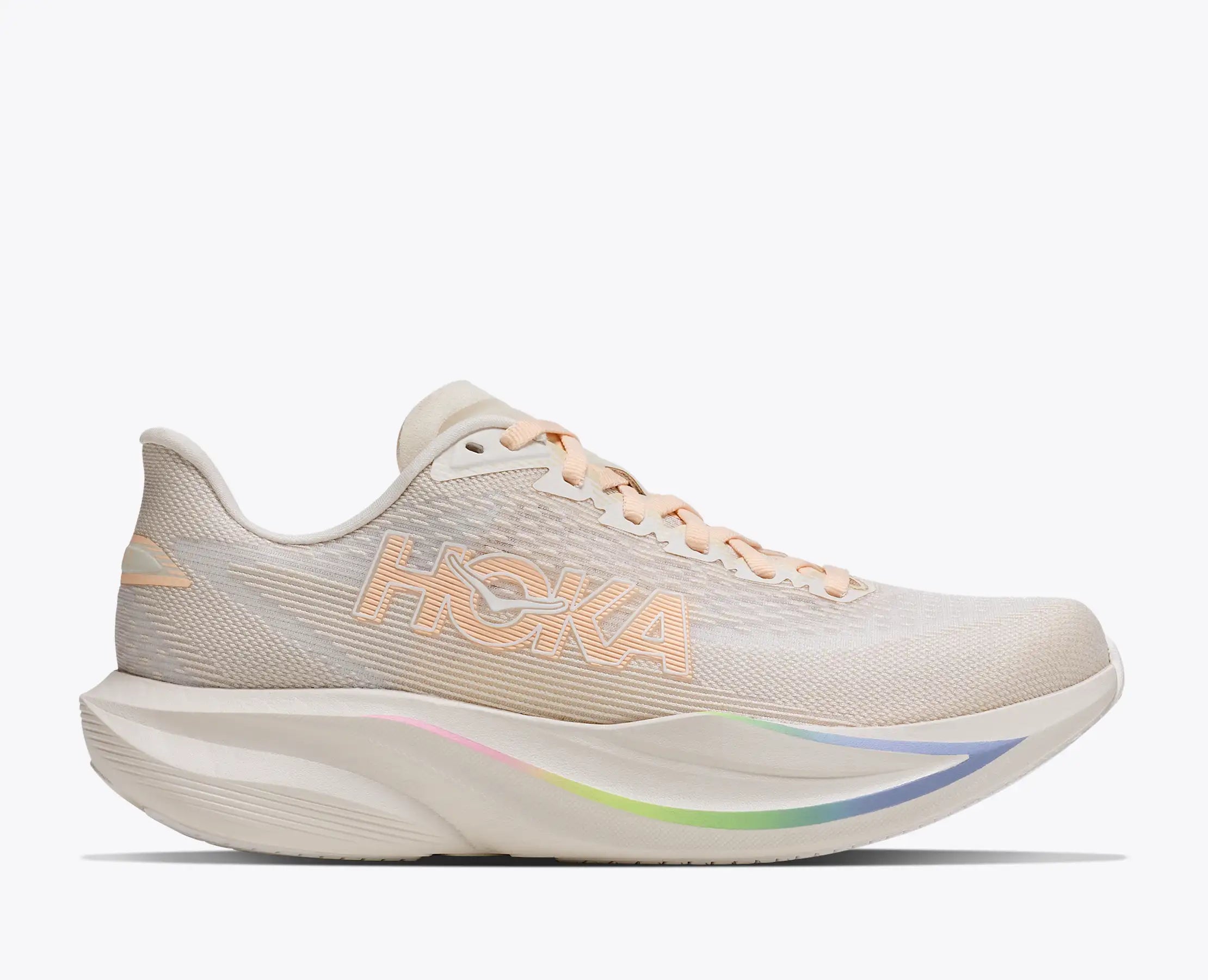 hoka mach 7, fast lightweight everyday running shoe with cushioning, light beige and white with peach laces and logo and rainbow detail, side profile of shoe