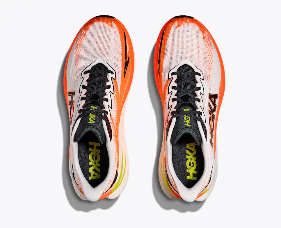 hoka mach x 3 for men, pebax plated speed and tempo road running shoe, white with orange colour black and lime green details, pair of shoes from above