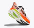 hoka mach x 3 for men, pebax plated speed and tempo road running shoe, white with orange colour black and lime green details, lifted heel showing sole of shoe