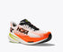 hoka mach x 3 for men, pebax plated speed and tempo road running shoe, white with orange colour black and lime green details, side profile of shoe angled