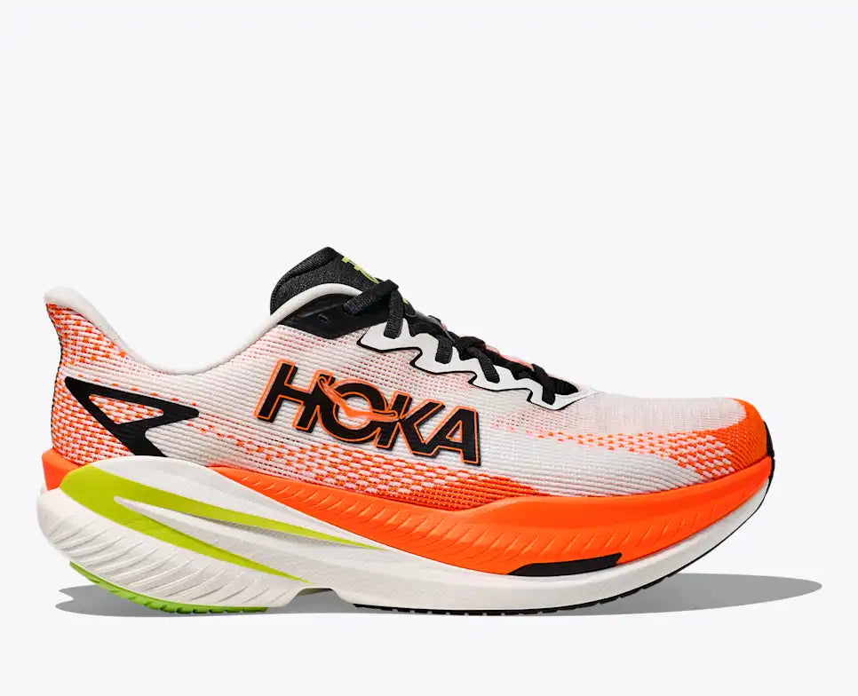 hoka mach x 3 for men, pebax plated speed and tempo road running shoe, white with orange colour black and lime green details, side profile of shoe