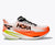 hoka mach x 3 for men, pebax plated speed and tempo road running shoe, white with orange colour black and lime green details, side profile of shoe