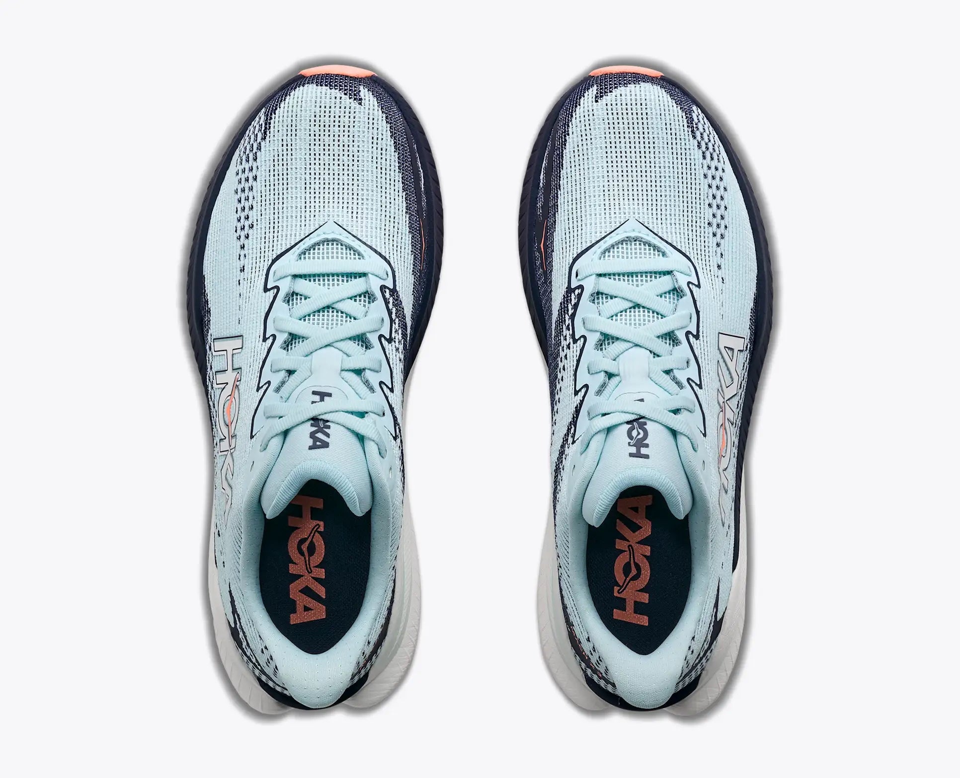 hoka mach x 3 womens, lightweight pebax plated speed training and racing shoe, light blue with navy blue and white details, top of shoe