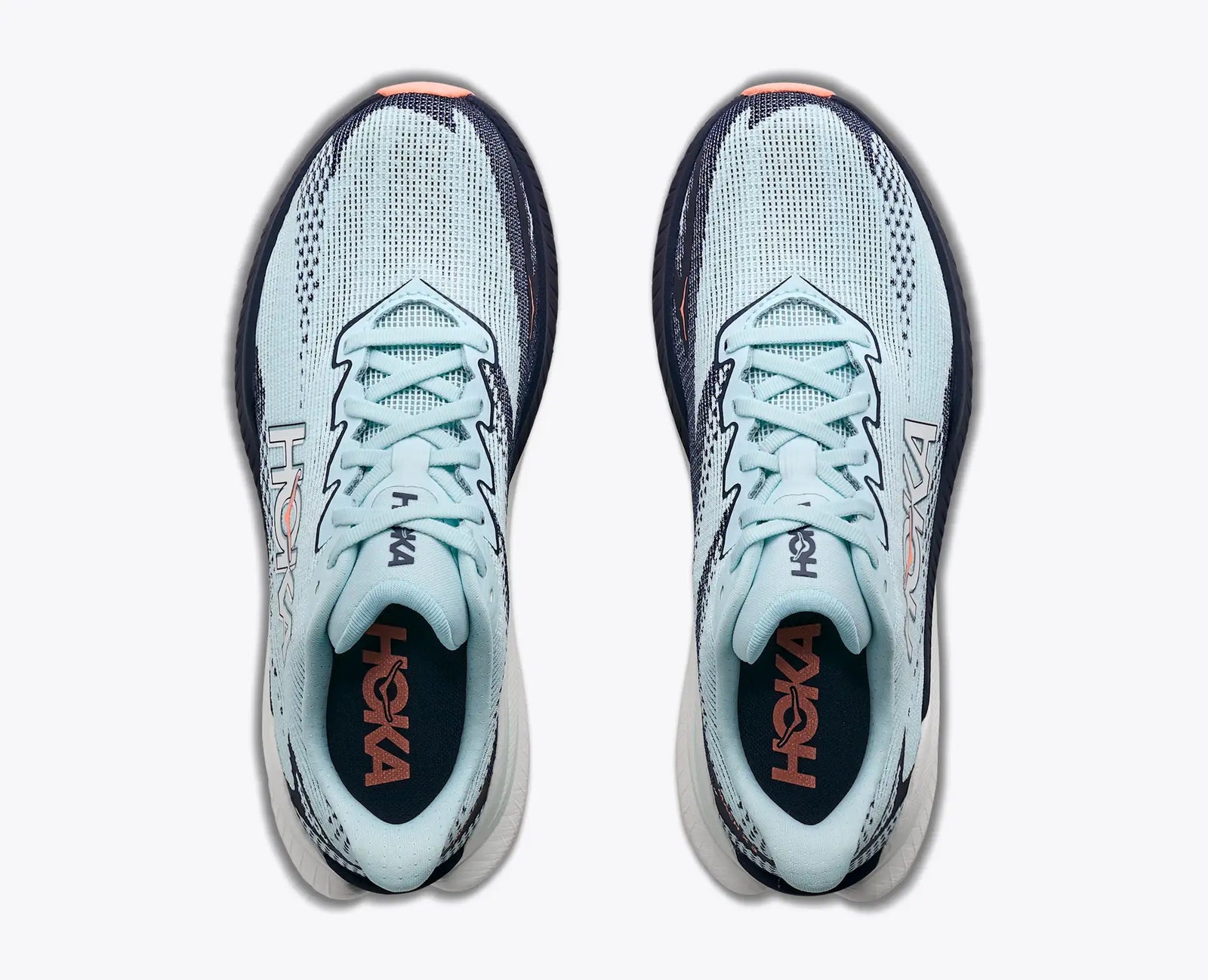 hoka mach x 3 womens, lightweight pebax plated speed training and racing shoe, light blue with navy blue and white details, top of shoe