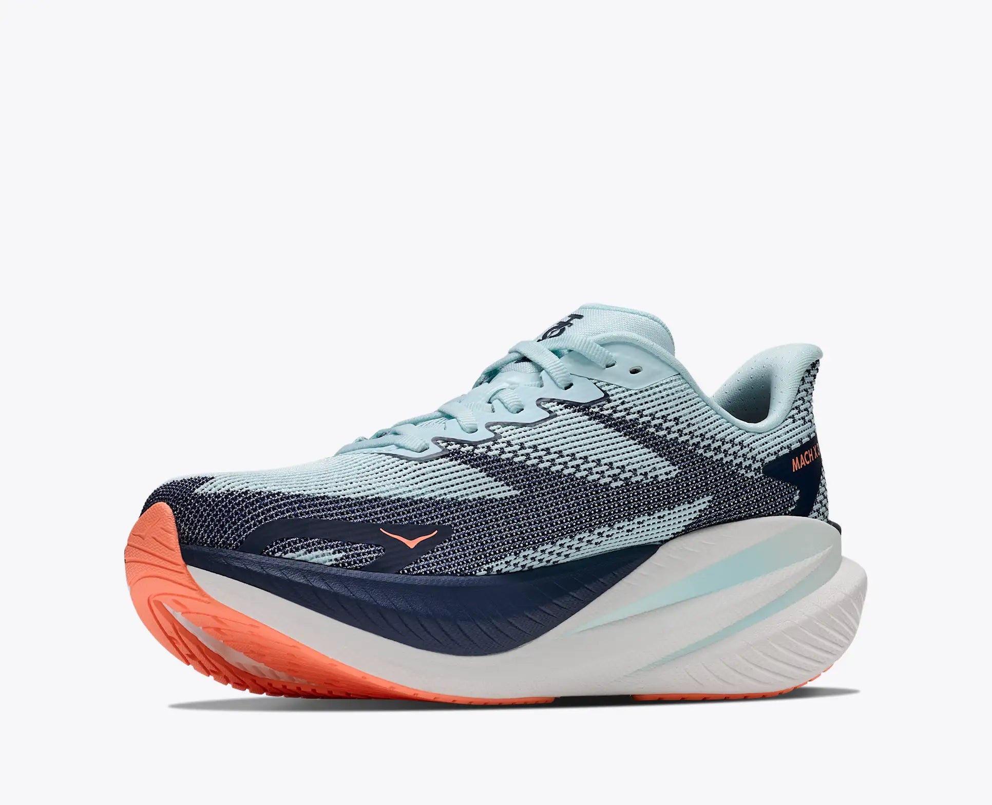 hoka mach x 3 womens, lightweight pebax plated speed training and racing shoe, light blue with navy blue and white details, inside angled profile of shoe