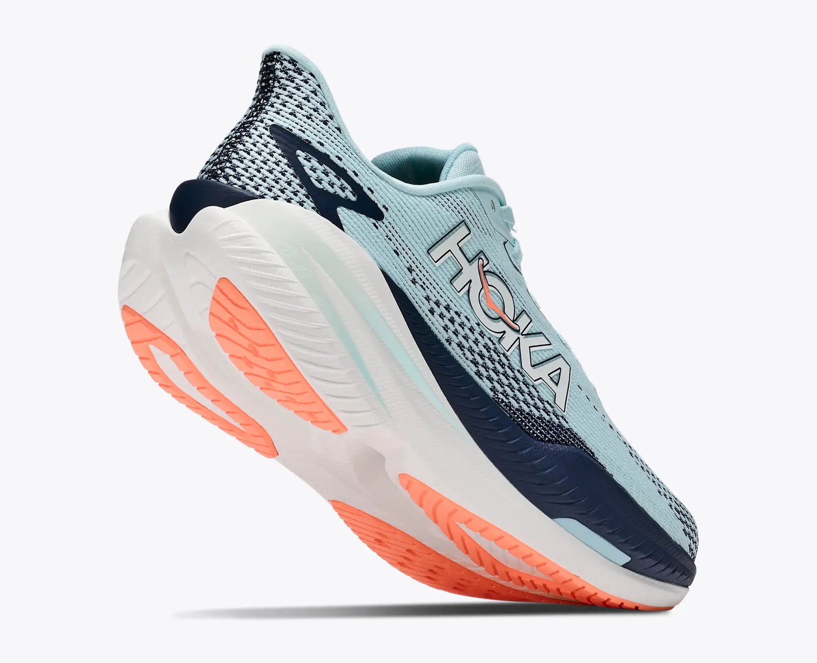 hoka mach x 3 womens, lightweight pebax plated speed training and racing shoe, light blue with navy blue and white details, lifted heel of shoe