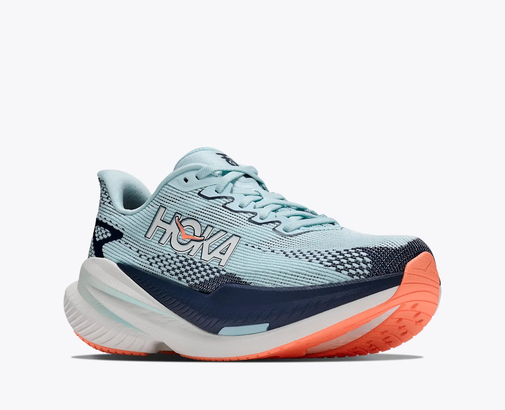 hoka mach x 3 womens, lightweight pebax plated speed training and racing shoe, light blue with navy blue and white details, angled outside profile of shoe