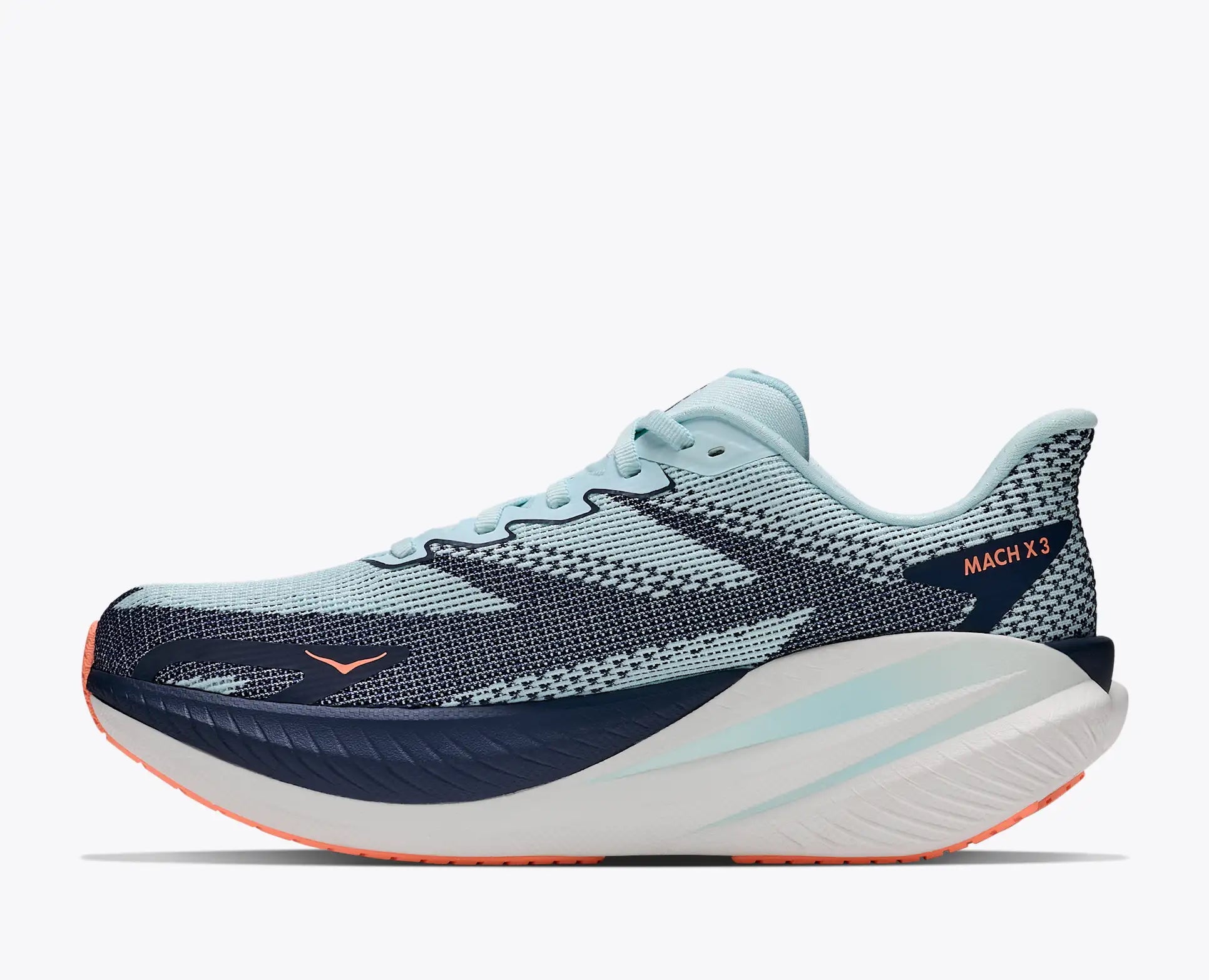 hoka mach x 3 womens, lightweight pebax plated speed training and racing shoe, light blue with navy blue and white details, inside profile of shoe