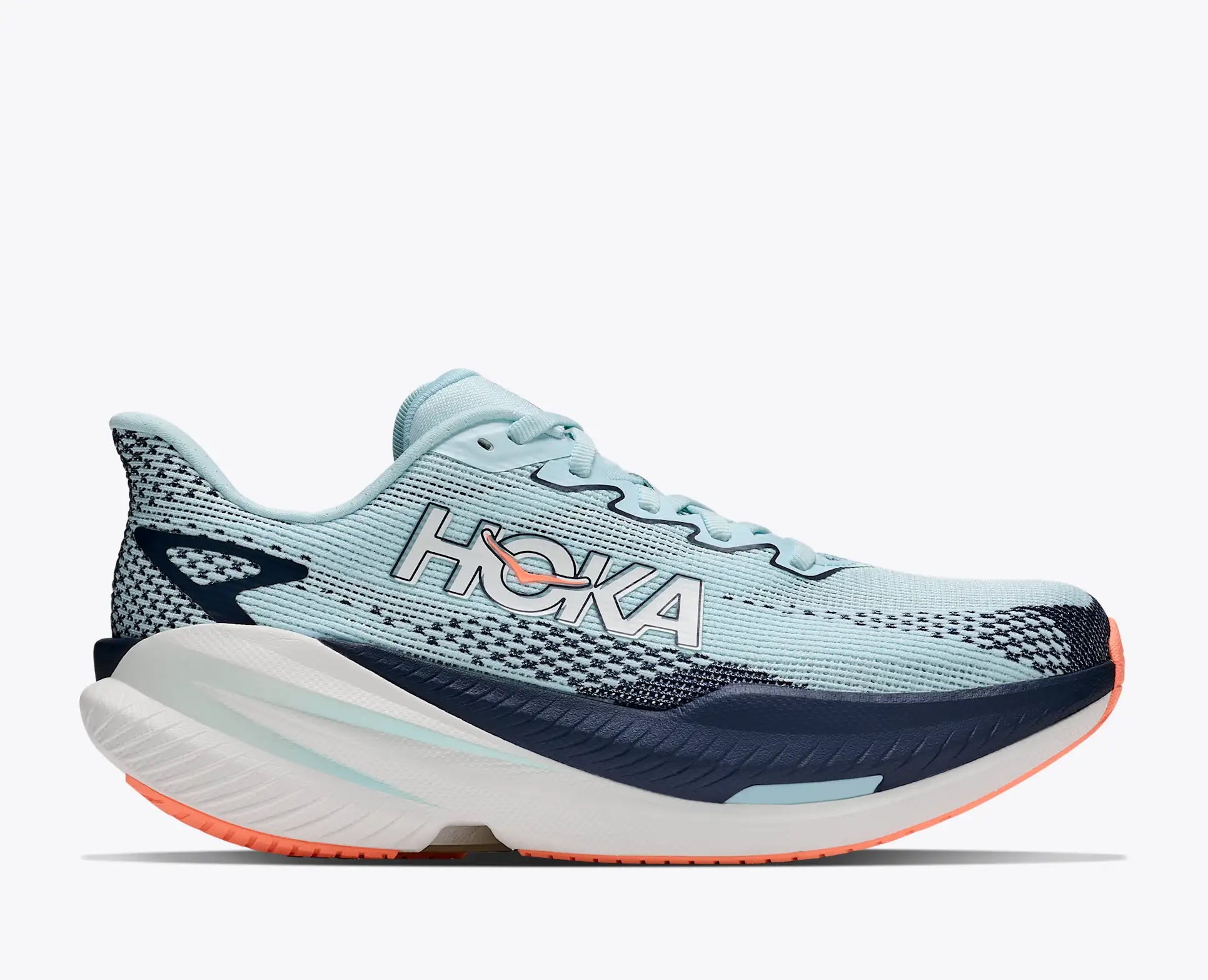 hoka mach x 3 womens, lightweight pebax plated speed training and racing shoe, light blue with navy blue and white details, side profile of shoe 
