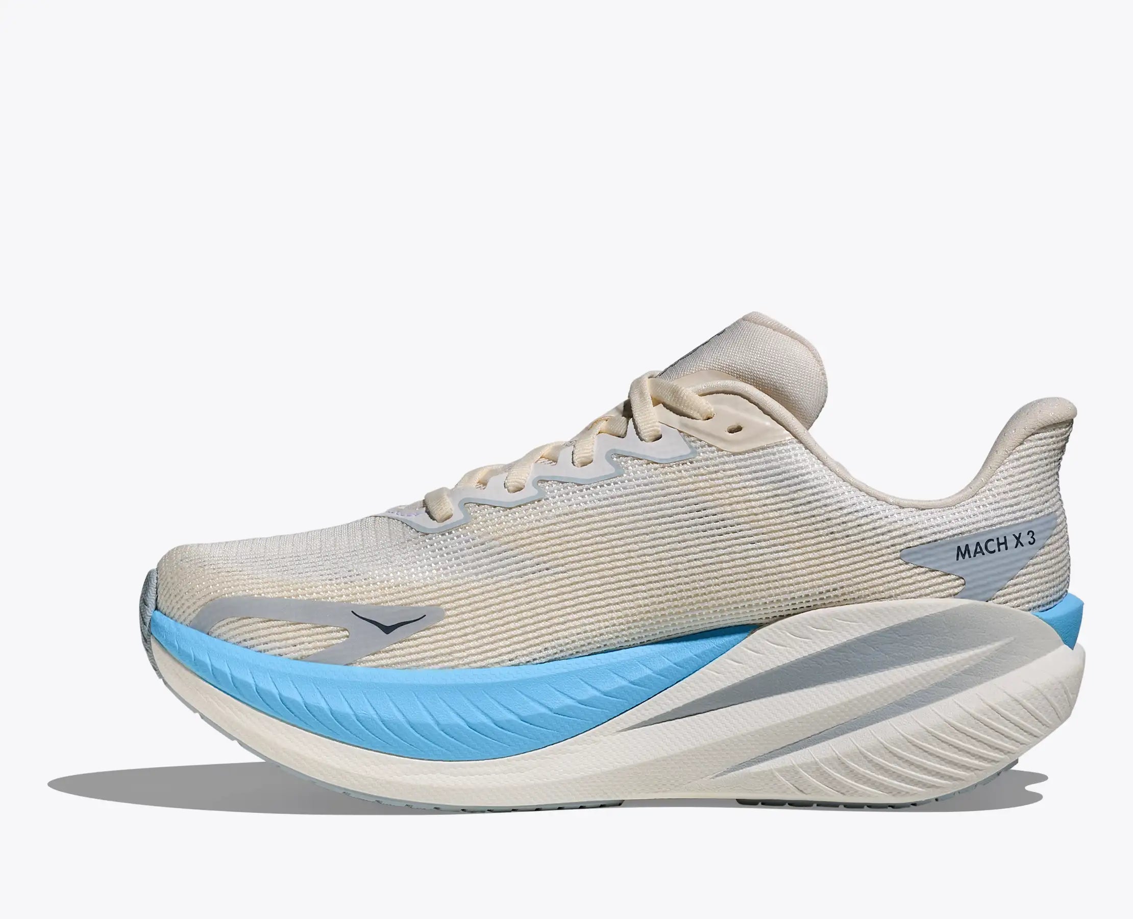 hoka mach x 3 for women, pebax plated speed and tempo running shoe, white with blue details, inside profile of shoe