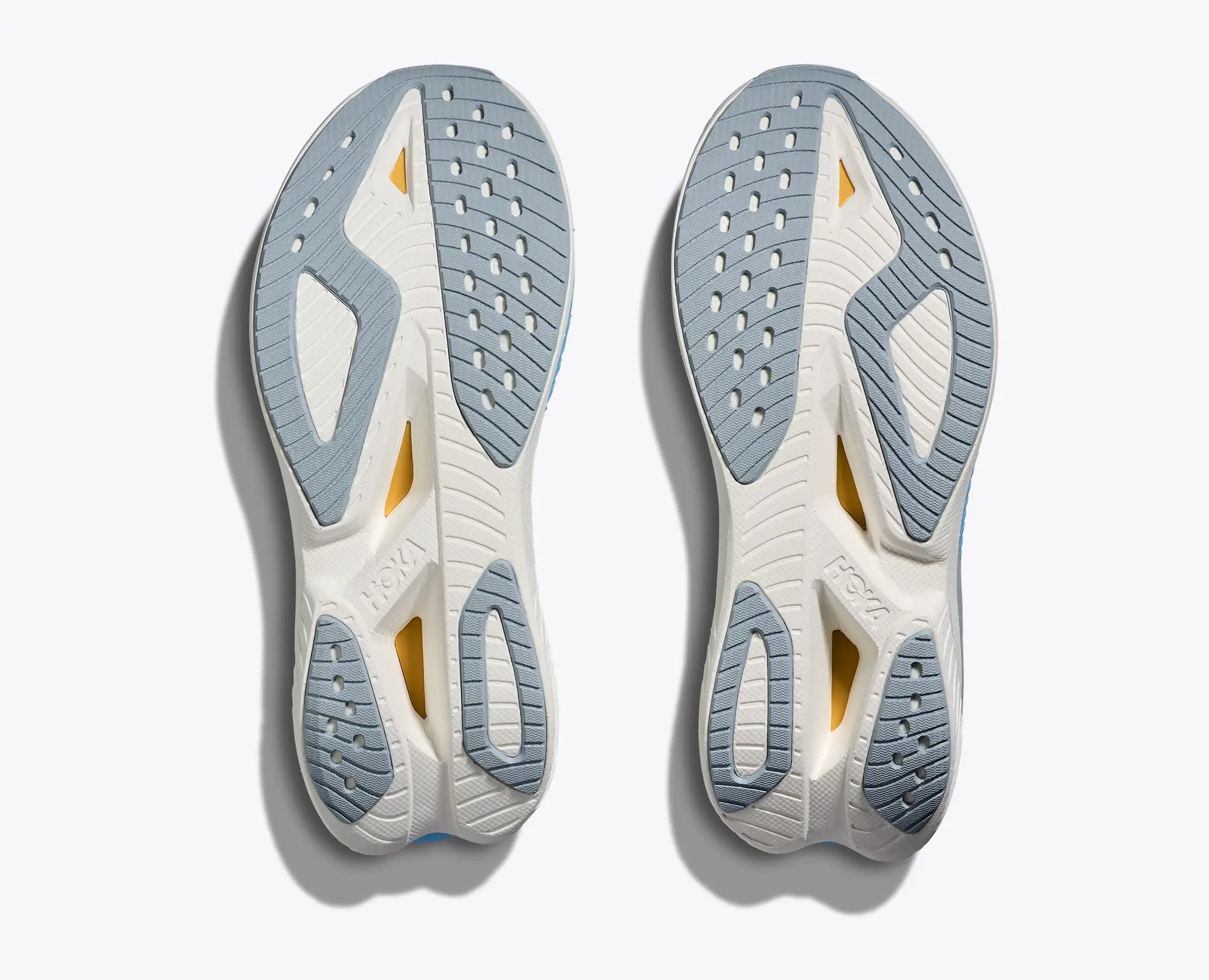 hoka mach x 3 for women, pebax plated speed and tempo running shoe, white with blue details, sole of shoe