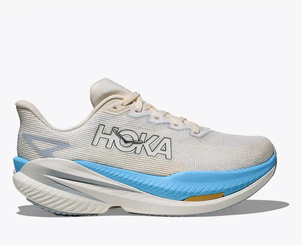 hoka mach x 3 for women, pebax plated speed and tempo running shoe, white with blue details, profile of shoe