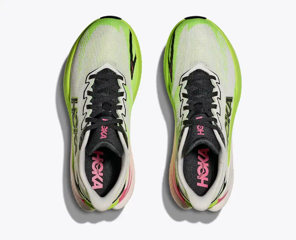 hoka mach x 3 for women, pebax plated speed and tempo running shoe, lime green and white with black and pink details, top of pair of shoes