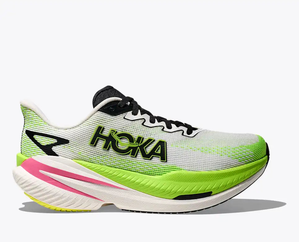 hoka mach x 3 for women, pebax plated speed and tempo running shoe, lime green and white with black and pink details, profile of shoe